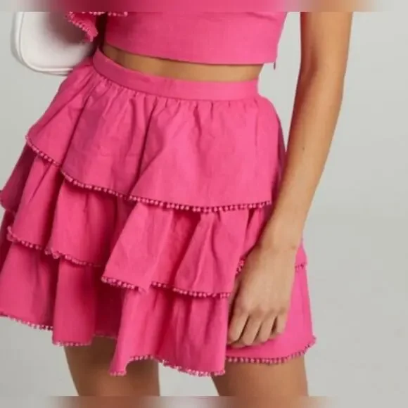 Showpo Women's Tiered Ruffle Skirt Sz 12 Layered Casual Mini Pink Cotton Stretch - Picture 1 of 15